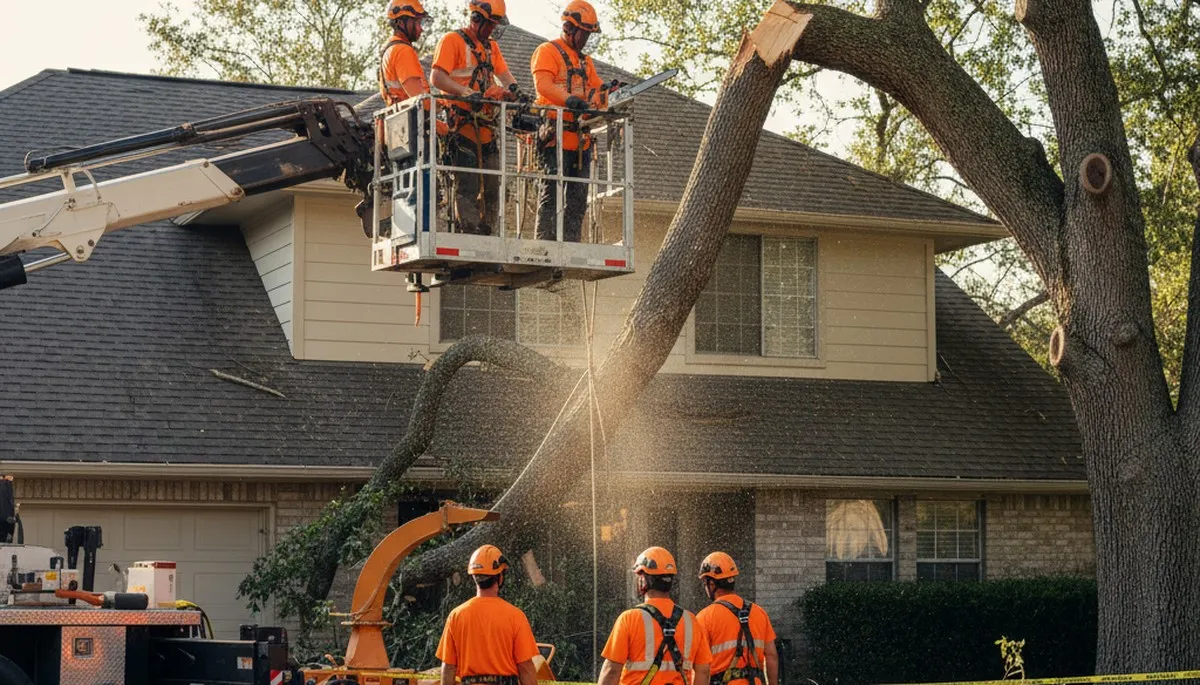 Ogden, UT tree service crew removing a hazardous storm-damaged tree from a residential property